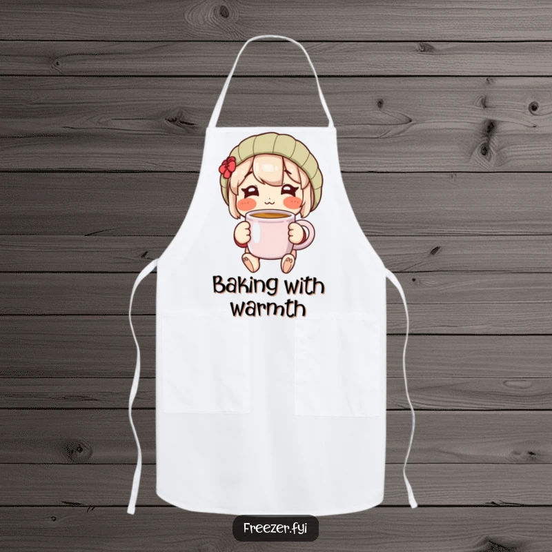 Funny apron with a rosy-cheeked character happily holding a warm mug, ideal for cheerful cooking and kitchen comfort.