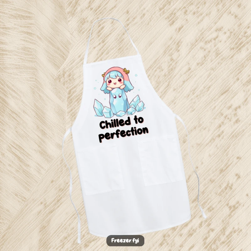 Funny apron showing a character floating peacefully among ice crystals. Humorous kitchen wear for serene cooks.