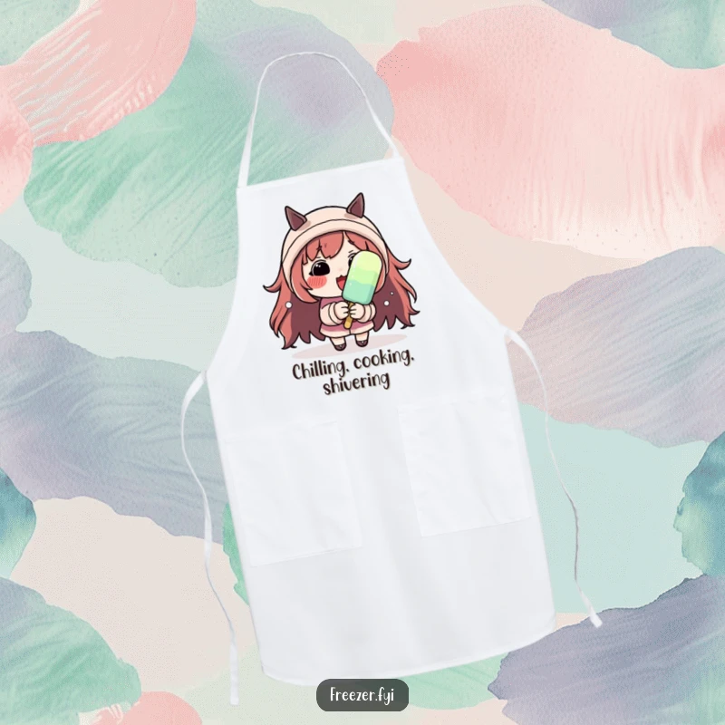Funny apron depicting a character with rosy cheeks shivering dramatically while holding a small popsicle, ideal for humorous kitchen activities.
