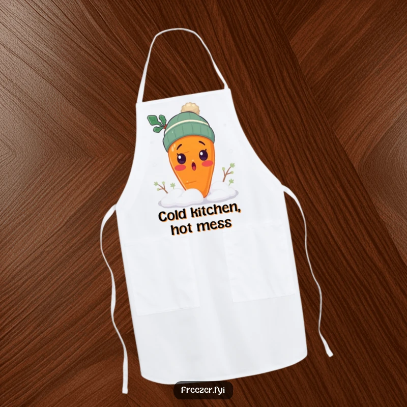 Funny surprised carrot apron with a carrot wearing a tiny winter hat, shivering in snow, wintry kitchen gift.