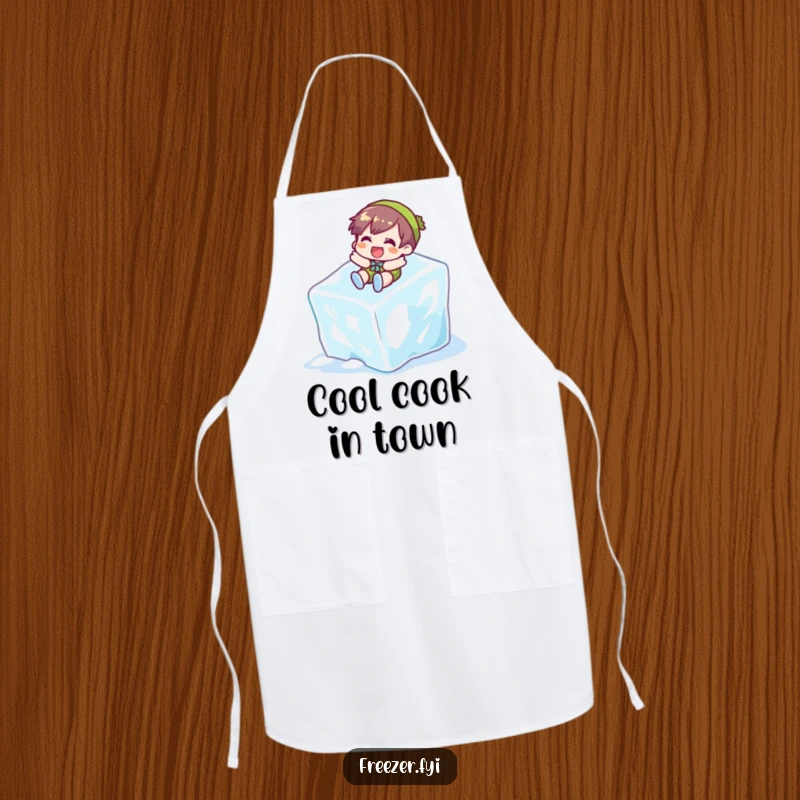 Funny apron showing a character gleefully sliding down a giant ice cube, designed for adding humor to kitchen tasks.