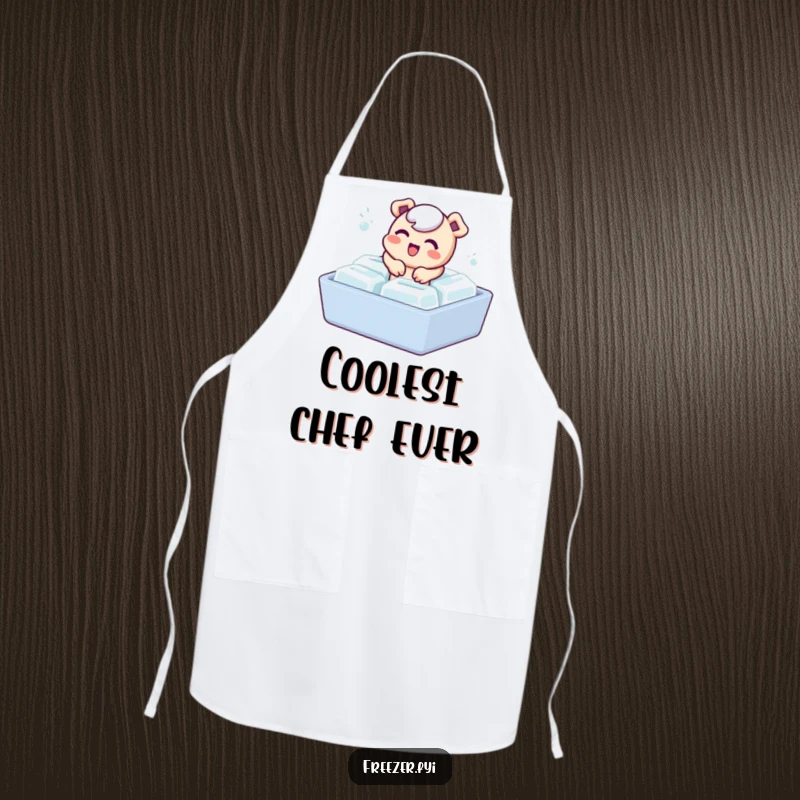 Funny apron featuring a bubbly character playfully emerging from an ice cube tray, perfect for a humorous cooking experience.