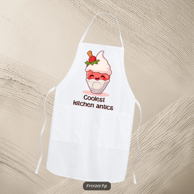 Funny apron featuring a giggling strawberry escaping an ice cream scoop, ideal for kitchen fun and humorous gifts.