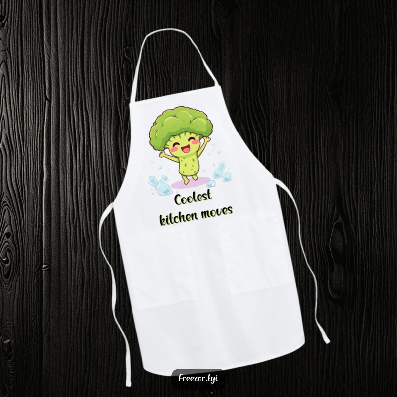 Funny apron featuring a happy broccoli dancing among ice crystals, ideal for kitchen fun and as a humorous cooking gift.
