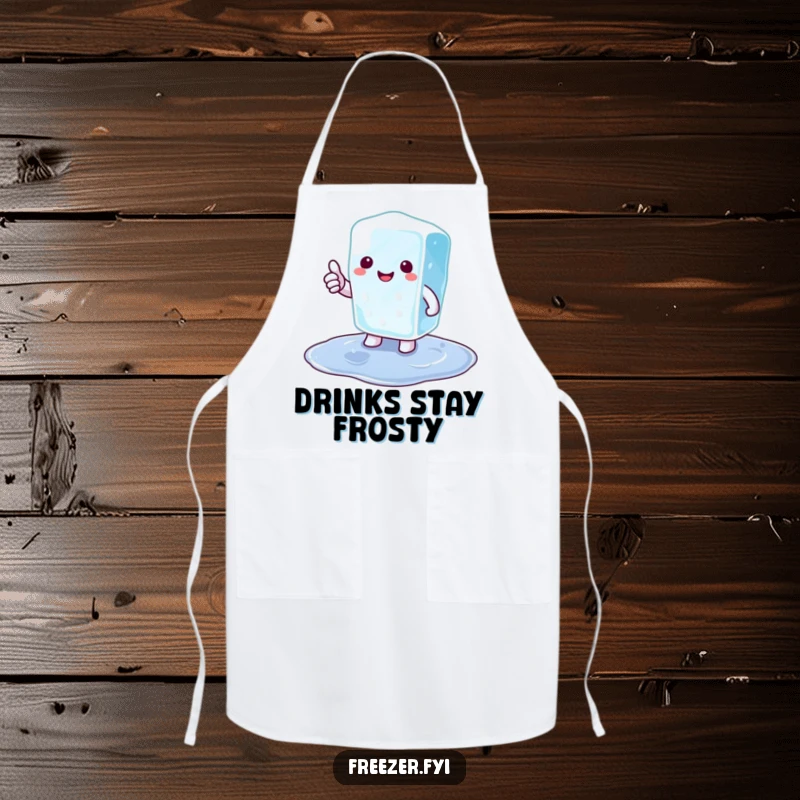 Funny ice cube apron with a happy cartoon ice cube character giving a thumbs up from a puddle, perfect for kitchen fun.