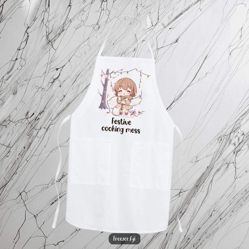 Funny apron with a character tangled in fairy lights in a cold setting, perfect for humorous holiday cooking.