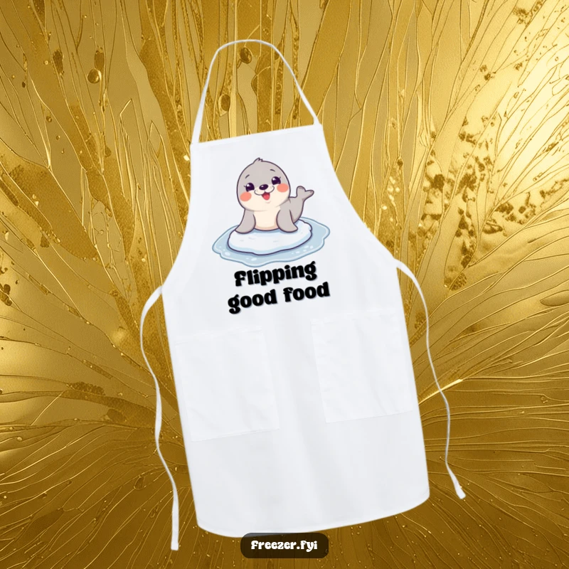 Funny seal character sliding joyfully on ice, wide grinning expression, featured on a fun and practical apron.