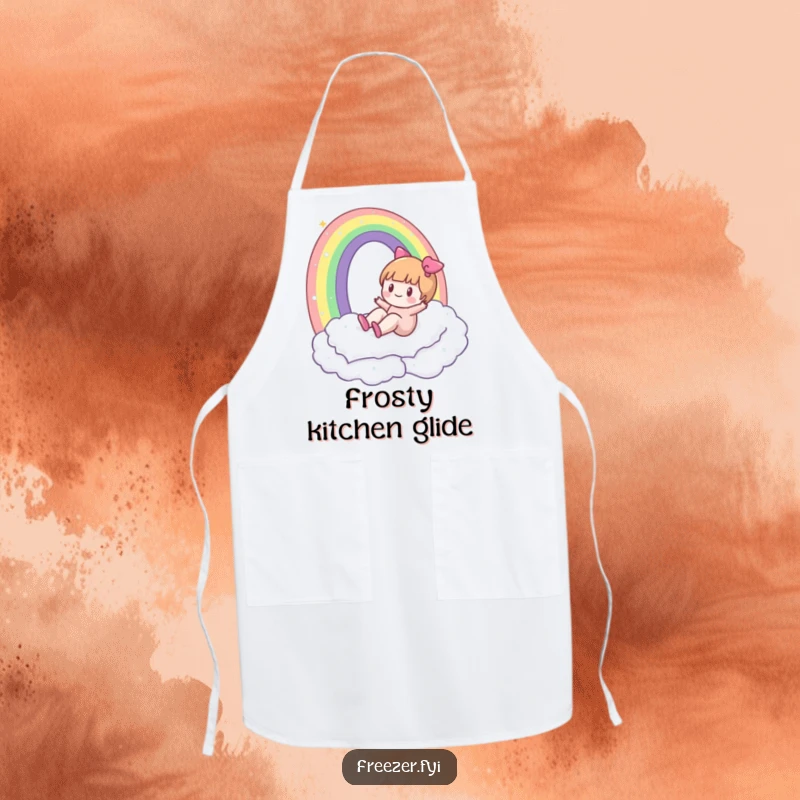 Funny apron featuring a character happily sliding down a rainbow made of frost, perfect for a humorous winter cooking experience.