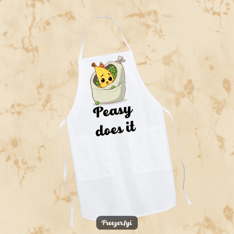 Funny apron featuring a surprised banana in a tiny hat, peeking from behind a giant bag of peas, kitchen humor.