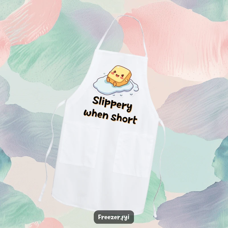 Funny apron adorned with a tiny butter pat character joyfully sliding down a frosty, slippery surface during a meal prep.