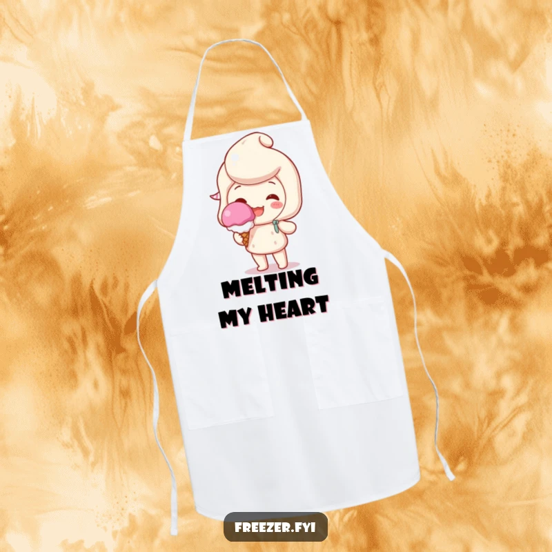 Funny apron featuring a beaming character holding a single, perfect scoop of ice cream, perfect for a humorous dessert experience.