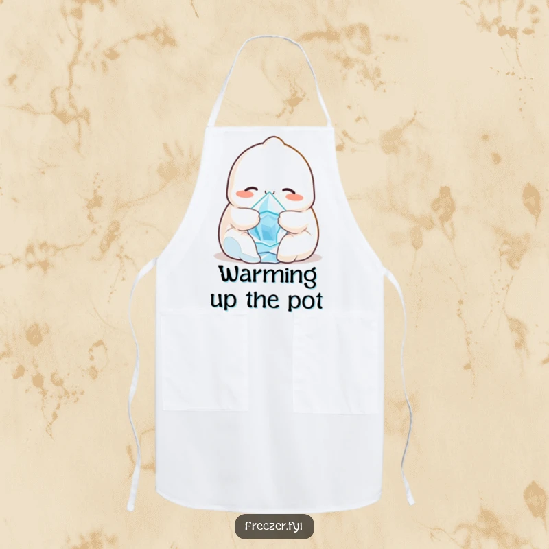 Funny apron featuring a smiling dumpling character hugging a tiny, shivering ice crystal, ideal for adding warmth and humor to kitchen tasks.
