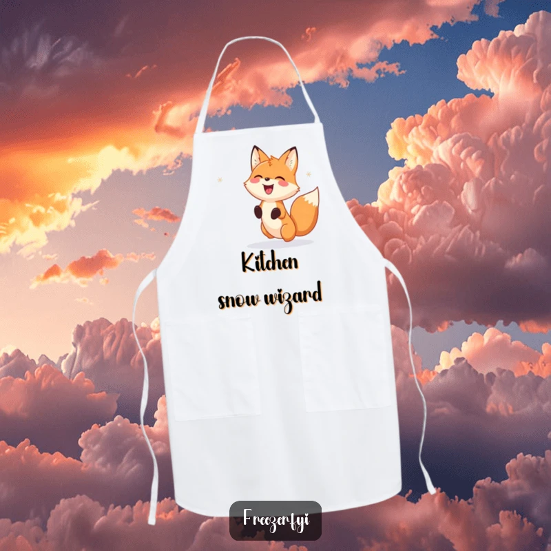 Funny Apron: A cute apron featuring a happy fox gleefully chasing falling snowflake patterns, perfect for fun winter cooking.