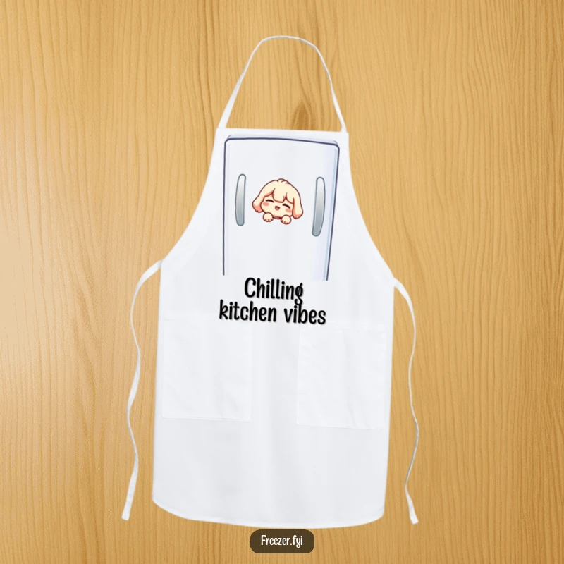 Funny freezer apron showing a small character peeking from a freezer, giving a mischievous wink.