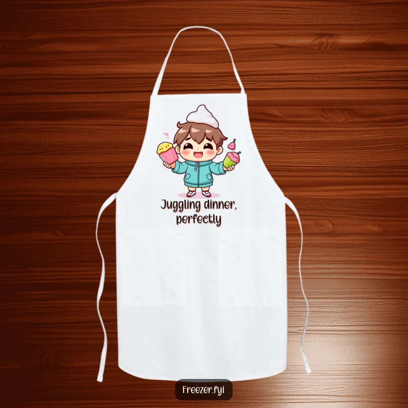 Funny apron with a character smiling while juggling frozen foods, perfect for humorous cooking.