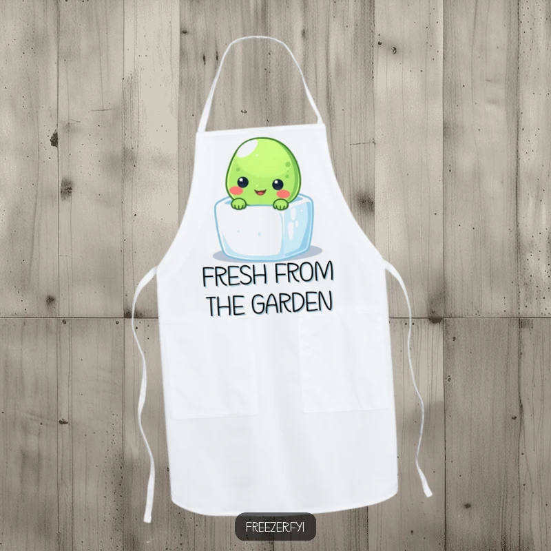 Funny frozen pea apron with a smiling character peeking from a tiny ice cube, perfect for cool kitchen fun.