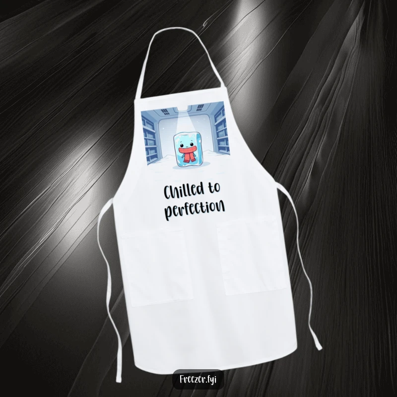 Funny apron displaying a lonely ice cube in a scarf shivering dramatically in a huge freezer, a humorous kitchen accessory.