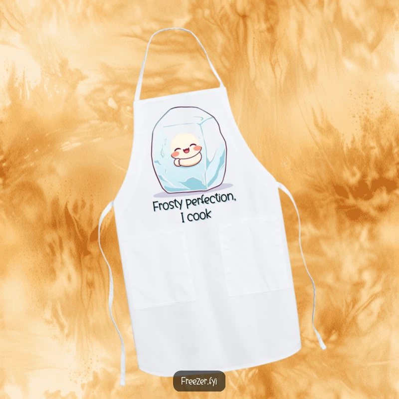 Funny apron showing a small character embracing a giant ice cube, perfect for a humorous cooking experience.