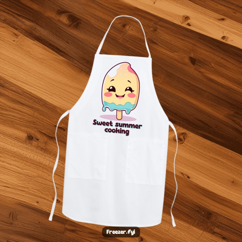 Funny smiling popsicle character melting with glee on a baking apron, perfect for summer treats.