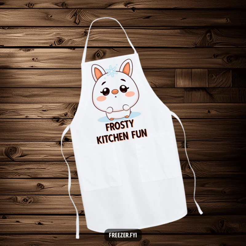 Funny apron showing a character looking surprised by a snowflake on its nose, ideal for winter baking and cooking.