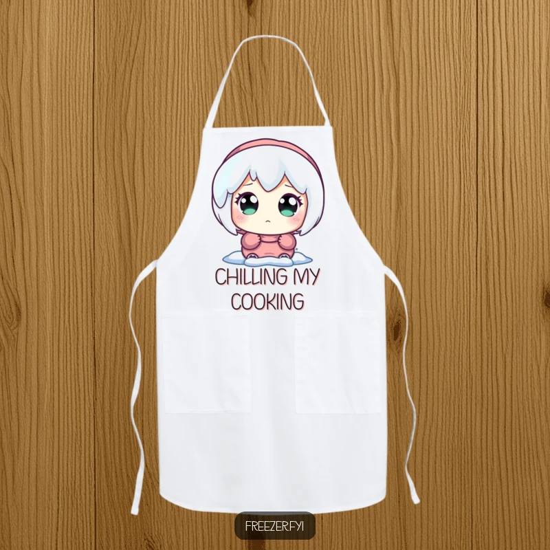 Funny apron featuring a character with wide, amazed eyes looking at a glowing icicle, adding winter charm to kitchen tasks.