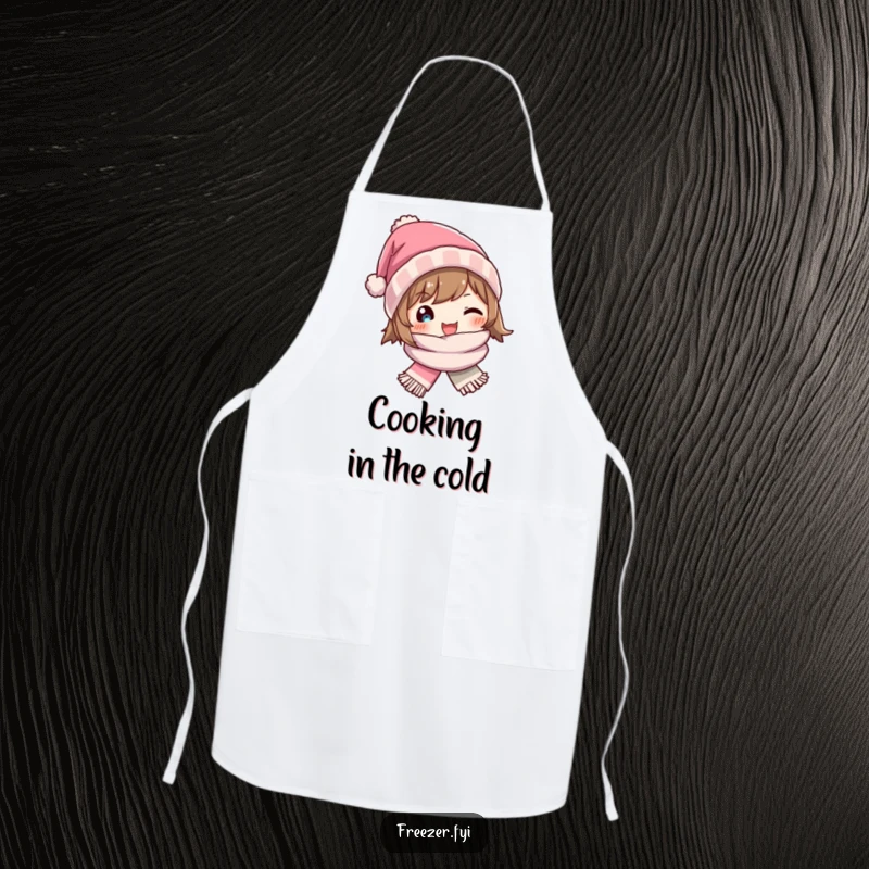Funny apron featuring a character joyfully wearing a tiny winter hat and scarf, adding cheerful winter vibes to cooking.