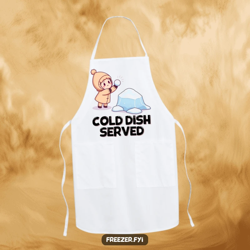 Funny apron showing a character playfully throwing a snowball at a curious, floating ice floe, perfect for humorous kitchen tasks.