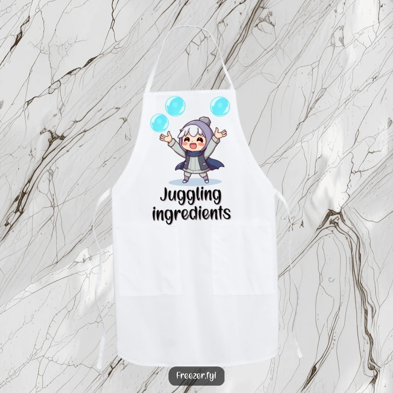 Funny apron featuring an excited character juggling three glowing ice orbs, a humorous and practical accessory for the kitchen.