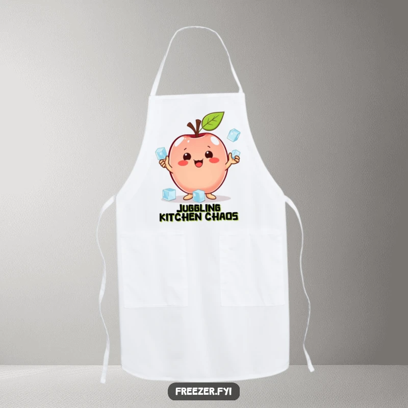 Funny apron featuring a proud apple character juggling ice cubes, ideal for kitchen fun and humorous cooking gifts.