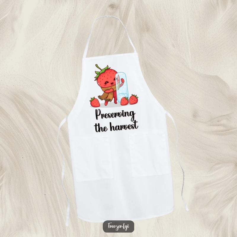 Funny apron showcasing a determined strawberry in a scarf, hilariously struggling with a frozen jar, perfect for adding humor to cooking.