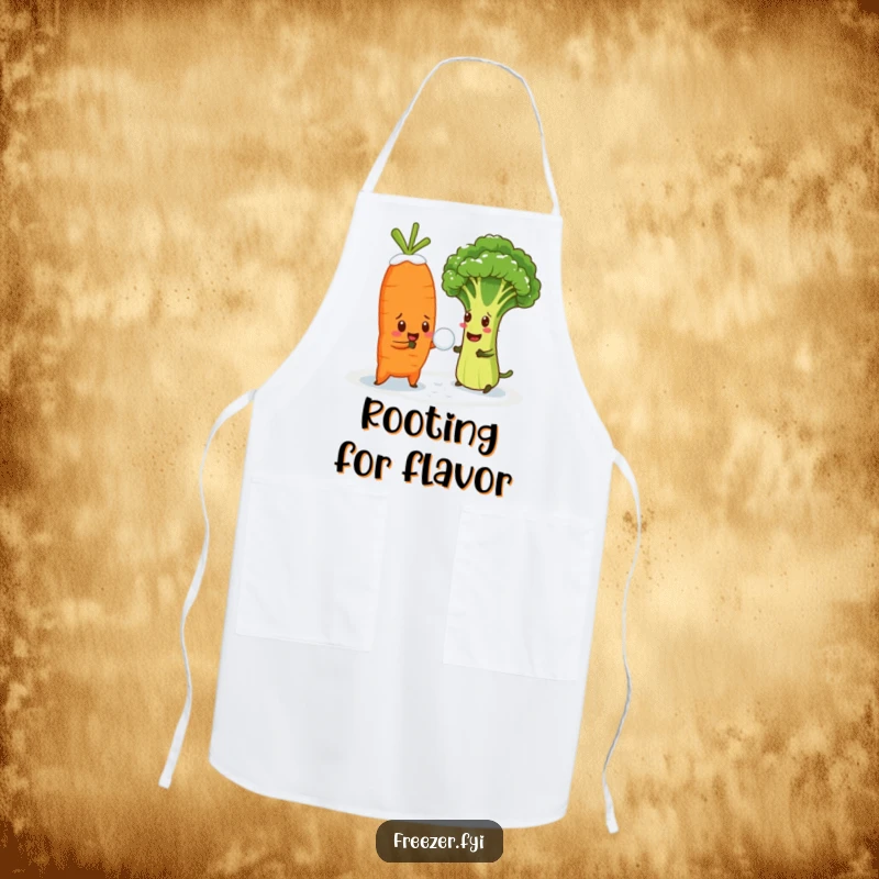 Funny apron featuring a cheerful carrot in a snowball fight with a bewildered broccoli floret, kitchen humor.