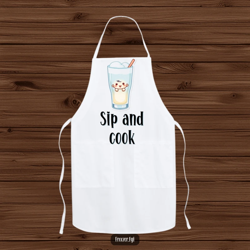 Funny Peeking Apron: A kitchen apron featuring a smiling character peeking from a frosty beverage glass, perfect for playful cooking.