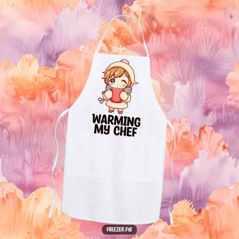 Funny apron illustration of a character in mittens holding a steaming mug, bringing cozy vibes and humorous warmth to the kitchen attire.