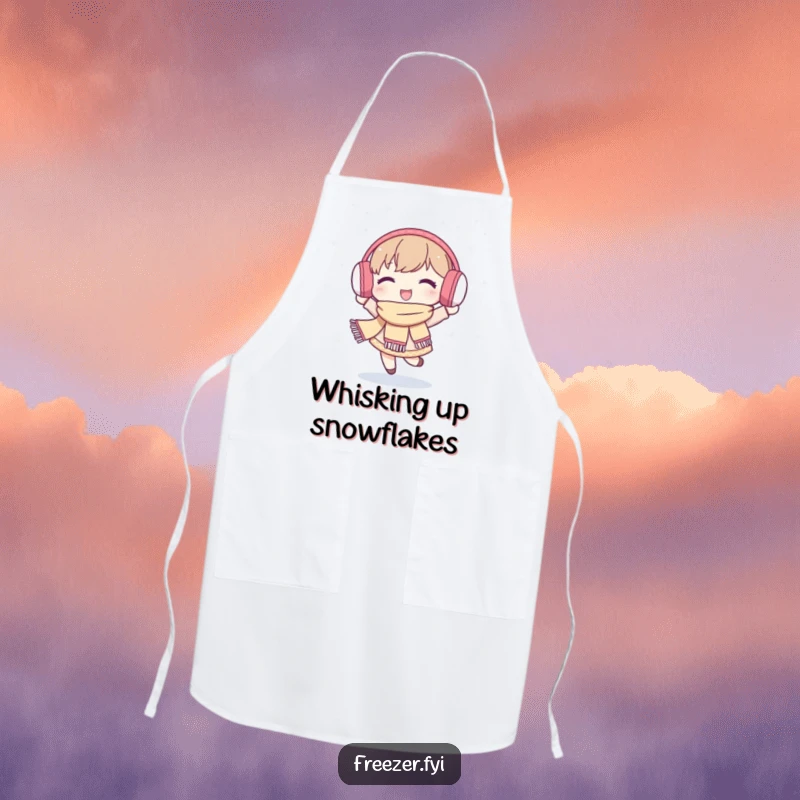 Funny apron showing a character joyfully dancing in falling snowflakes, dressed warmly, ready for kitchen tasks with a cheerful spirit.