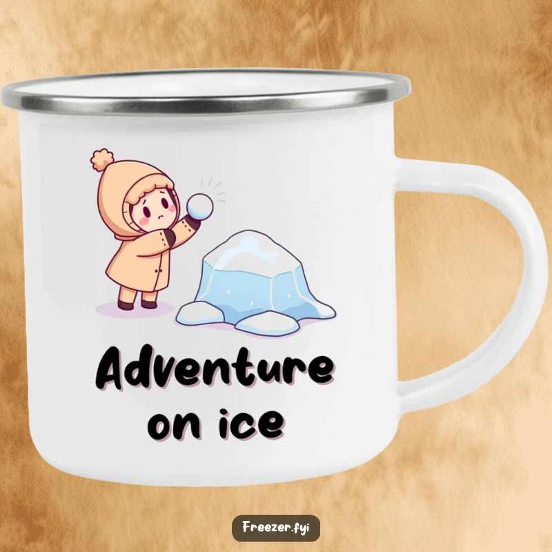 Funny camping mug with a character playfully throwing a snowball at a curious, floating ice floe, perfect for outdoor adventures.