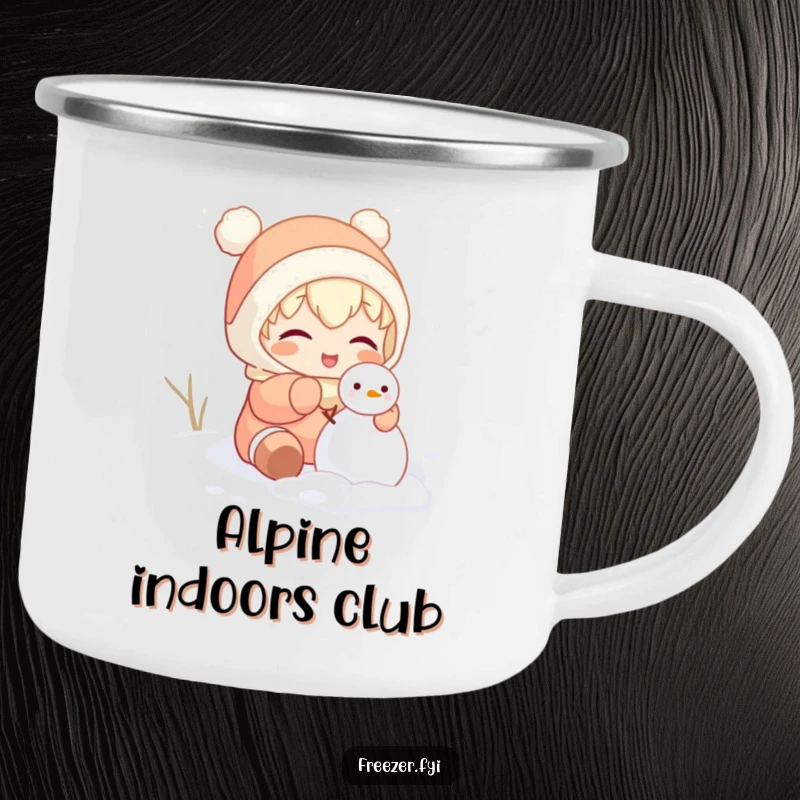 Funny camping mug showing a character gleefully attempting to build a tiny snowman inside, combining outdoor vibes with indoor humor.