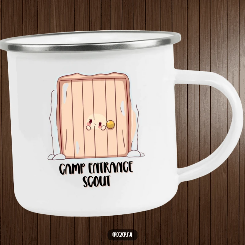 Funny camping mug featuring a character playfully peeking out from behind a large, frosty door, perfect for intriguing beverage enjoyment.