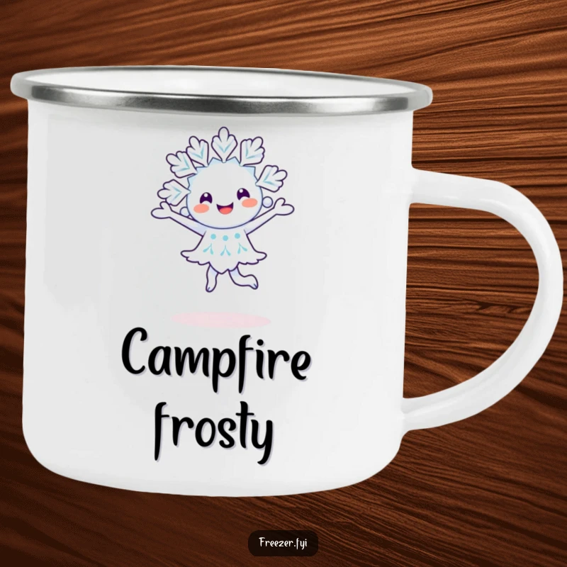 Funny happy snowflake character performing a pirouette on a rugged camping mug, ideal for outdoor use.