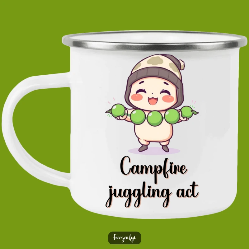 Funny Chef Camping Mug: Character Juggles Frozen Peas with Toque