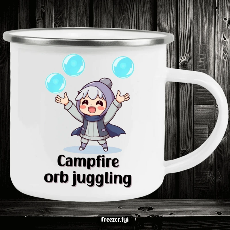Funny camping mug with an excited character juggling three glowing ice orbs, durable and humorous for outdoor use.