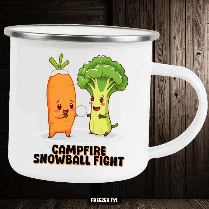 Funny camping mug featuring a cheerful carrot in a snowball fight with a bewildered broccoli floret, outdoor humor.