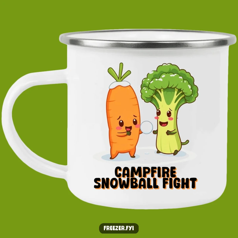 Funny Veggie Camping Mug: Enjoy Hot Drinks from a Snowball Fight