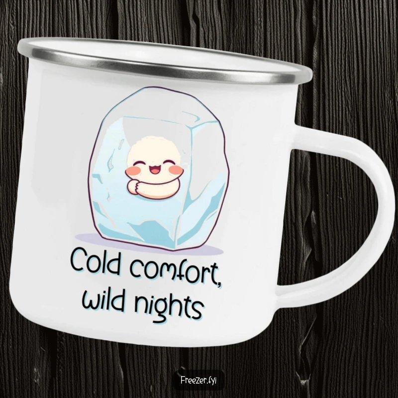 Funny camping mug featuring a small character hugging a giant ice cube, perfect for outdoor fun and jokes.