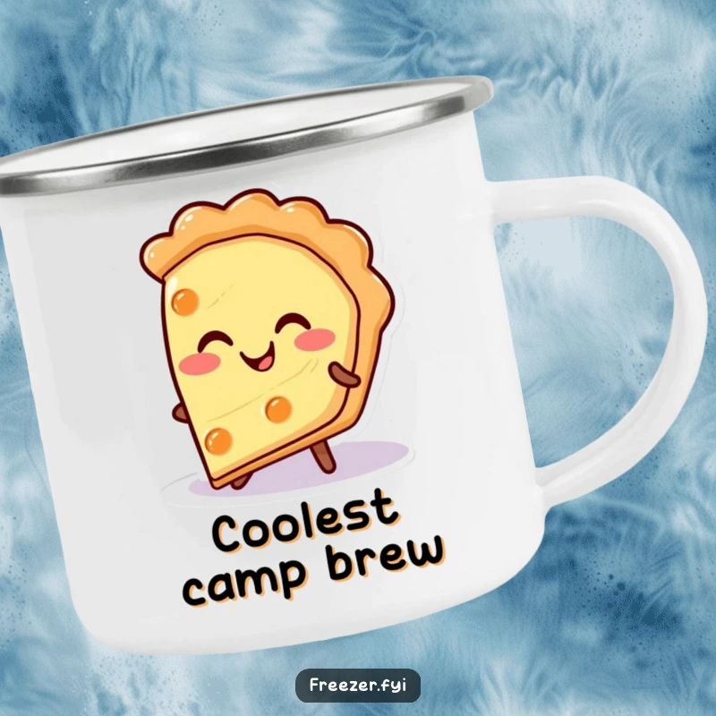Funny pie slice camping mug with a happy character smiling warmly from a cold surface, a durable and humorous outdoor mug gift.