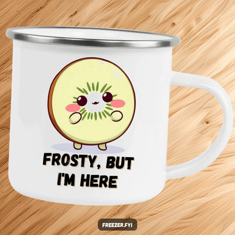 Funny Kiwi Slice Camping Mug: Cute fruit character shrugging playfully in the cold, perfect for outdoor humor.