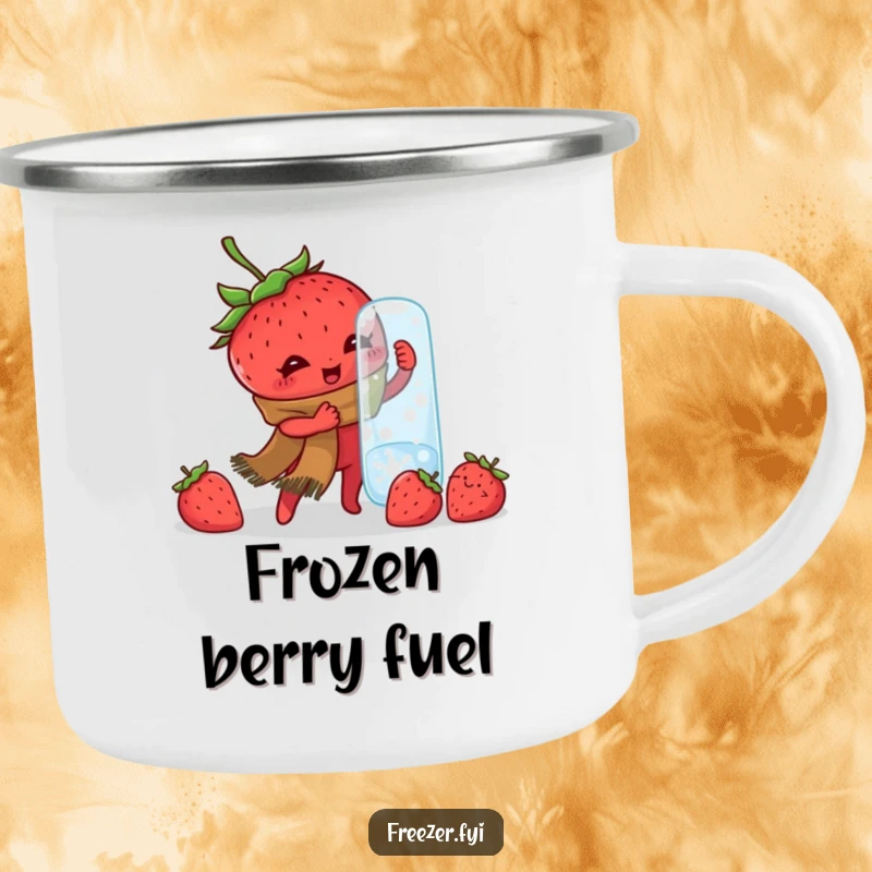Funny camping mug featuring a determined strawberry in a scarf, hilariously struggling with a frozen jar, perfect for outdoor enthusiasts.