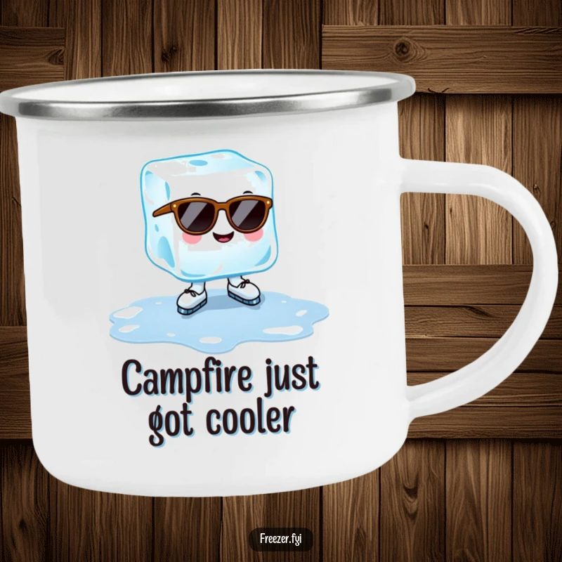 Funny ice cube camping mug with a cheerful ice cube wearing sunglasses, ice-skating on a puddle, cool summer outdoor gift.
