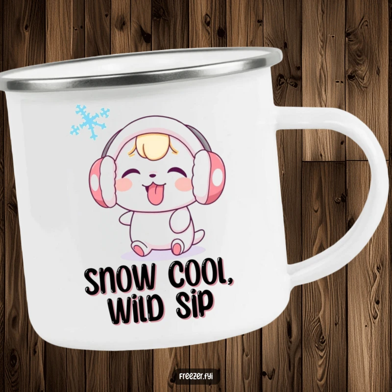 Funny camping mug featuring a cute character with earmuffs, playfully sticking its tongue out at a swirling snowflake, ideal for outdoor humor.