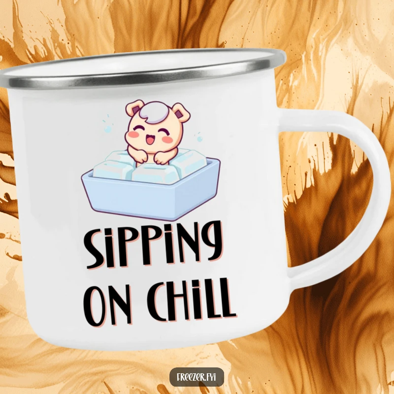 Funny enamel camping mug with a bubbly character playfully emerging from an ice cube tray, perfect for adventurous humor.