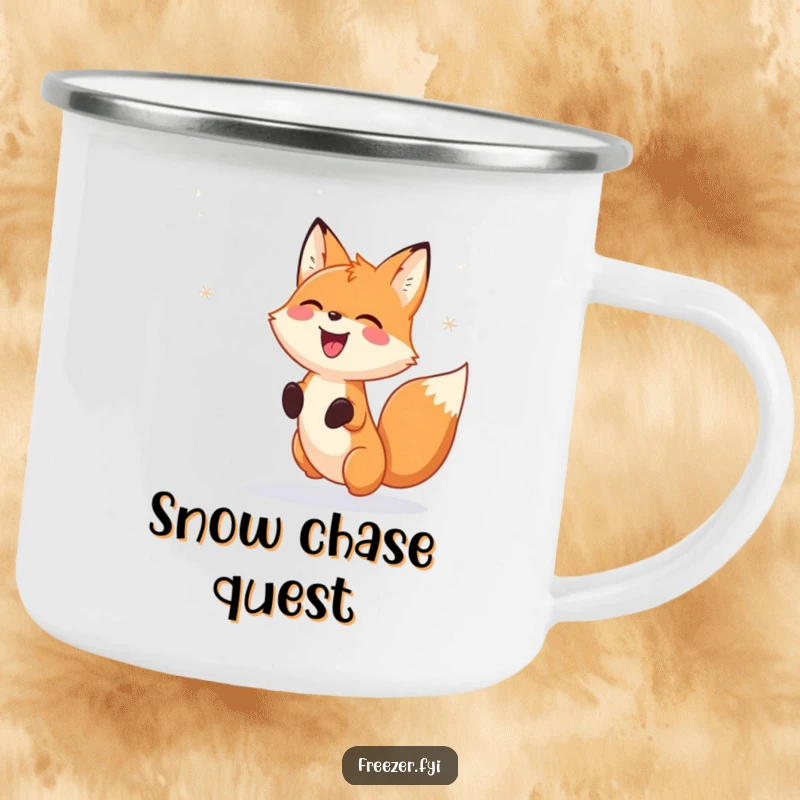 Funny Camping Mug: A rugged mug featuring a happy fox gleefully chasing falling snowflake patterns, bringing humorous winter vibes to outdoor drinks.